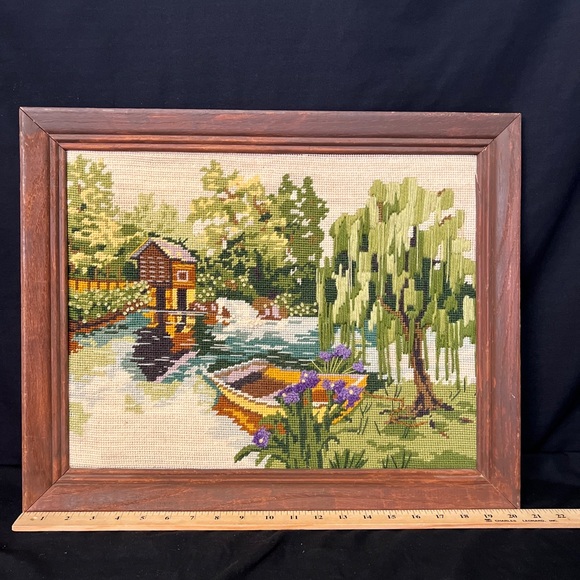Other - Vintage Framed 16 3/4 x 20 1/2 Crewel Artwork Boat On Lake